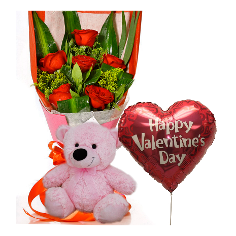6 Red Roses,Pink Bear with Valentine Balloon To Philippines